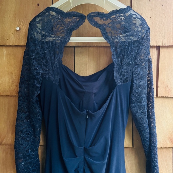 B&A By Betsy & Adam Lace-Sleeve Square-Neck Gown Women's 14 Navy Zip Closure~ - Picture 9 of 15